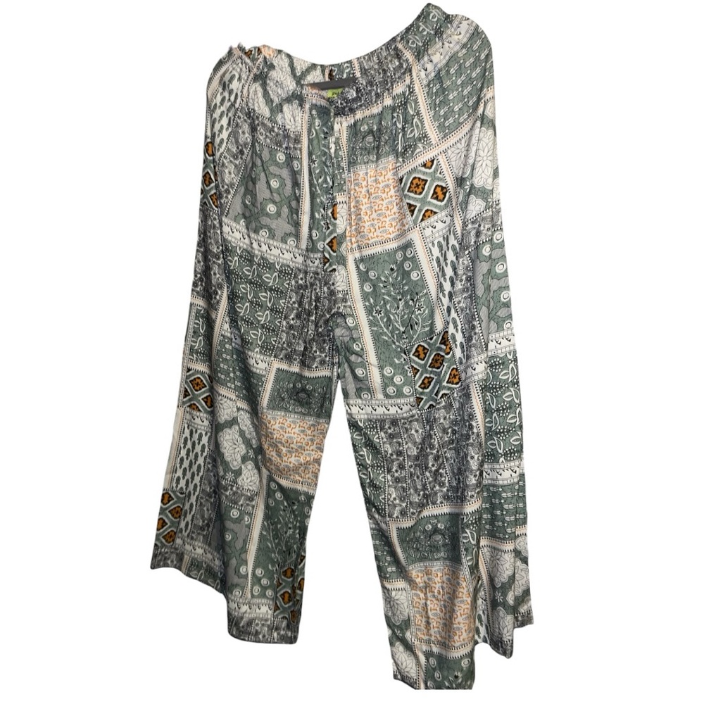 Raj Patchwork Patterned Green Wide-Leg Pants NWT - image 4